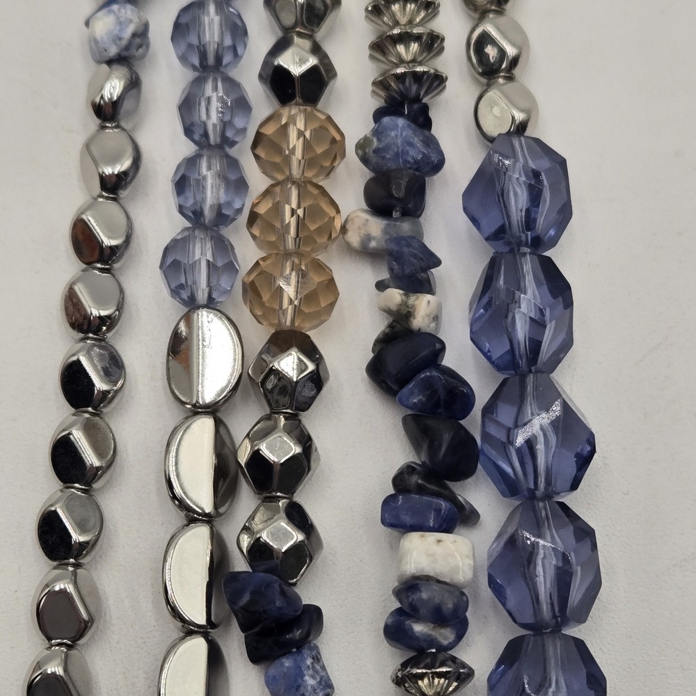 Layered Blue Silver-tone Clear Pale Peach Beaded Chunky Boho Adjustable Necklace - Picture 10 of 12